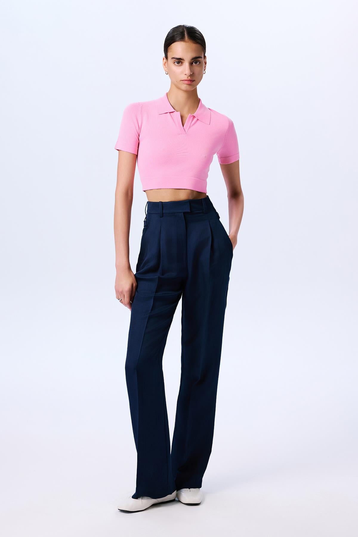 Basic Kısa Kollu Crop Pembe Bluz