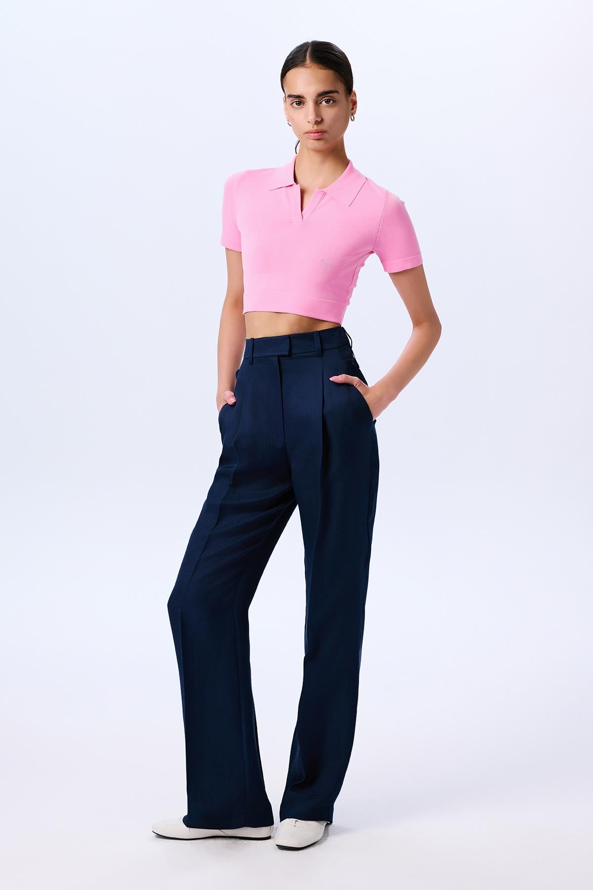 Basic Kısa Kollu Crop Pembe Bluz
