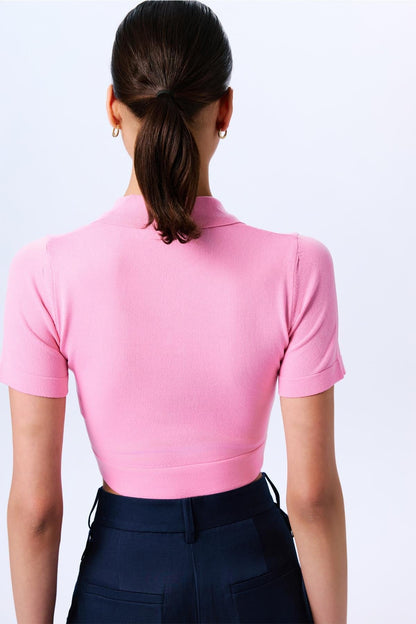 Basic Kısa Kollu Crop Pembe Bluz