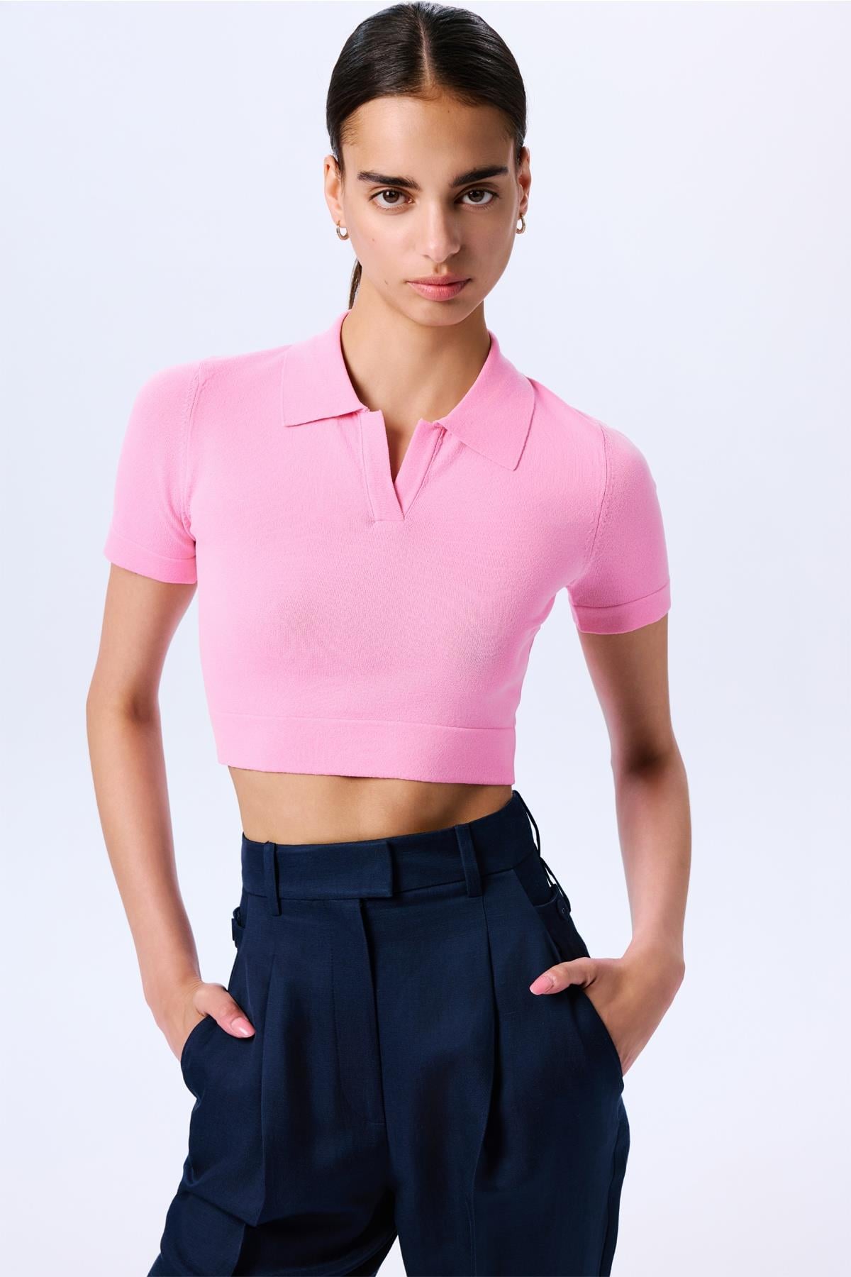 Basic Kısa Kollu Crop Pembe Bluz