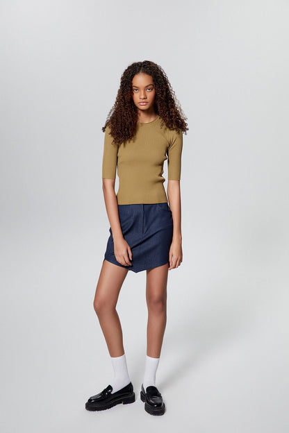 Haki Basic Kısa Kollu Triko Bluz