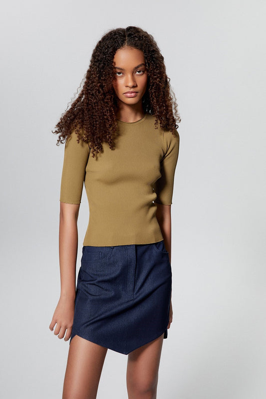 Haki Basic Kısa Kollu Triko Bluz