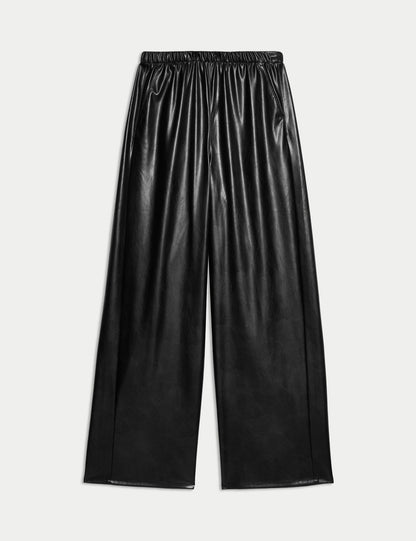 Deri Görünümlü Wide Leg Pantolon