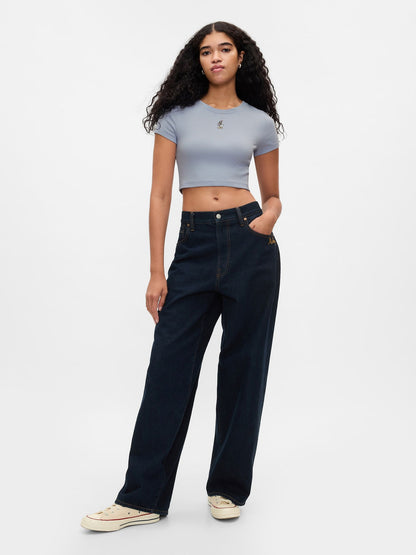 Açık Mavi Gap × Disney Bisiklet Yaka Crop T-shirt