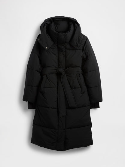 Siyah Belted Long Puffer Şişme Kaban