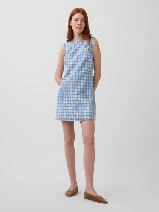Açık Mavi Kareli Denim Mini Shift Elbise