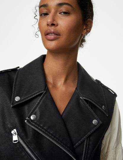 Relaxed Fit Suni Deri Biker Yelek