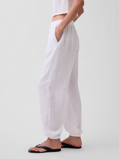 Beyaz Pamuk Gauze Barrel Jogger Pantolon