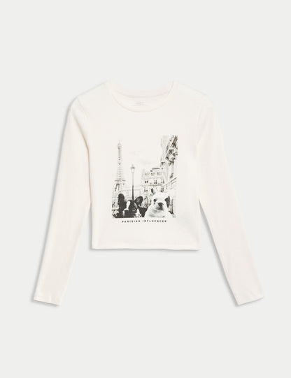 Saf Pamuklu Baskı Detaylı Uzun Kollu T-shirt