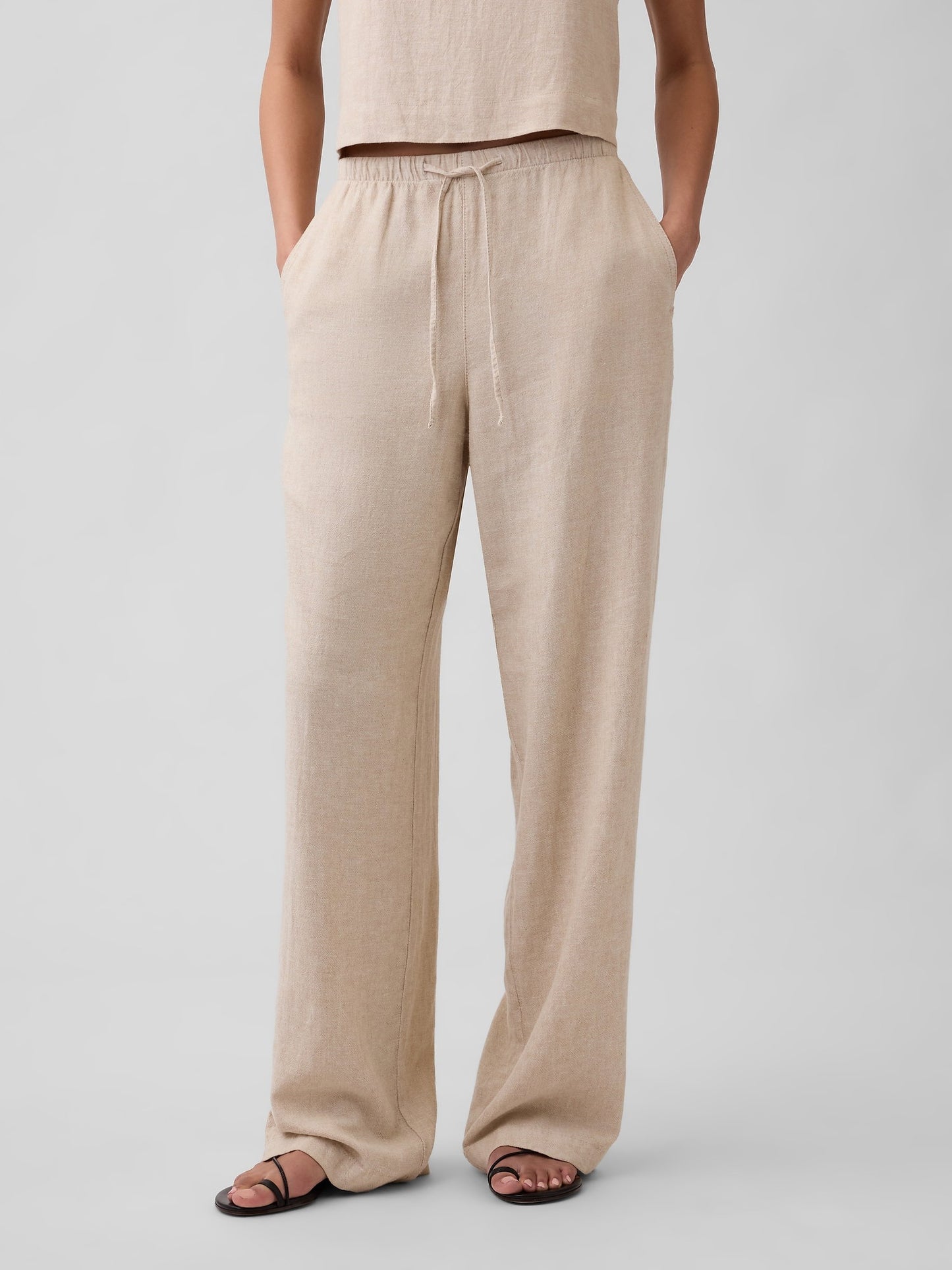 Bej Relaxed Keten Karışımı Wide-leg Pantolon