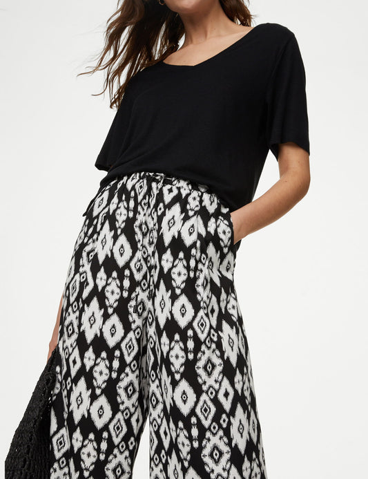 Yüksek Bel Desenli Crop Wide Leg Pantolon