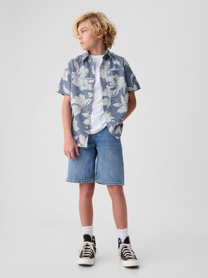 Siyah Çiçek Desenli Chambray Gömlek