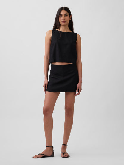 Beyaz Keten Karışımlı Crop Shell Kolsuz Bluz