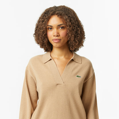 Lacoste Kadın Classic Fit Polo Yaka Bej Kazak
