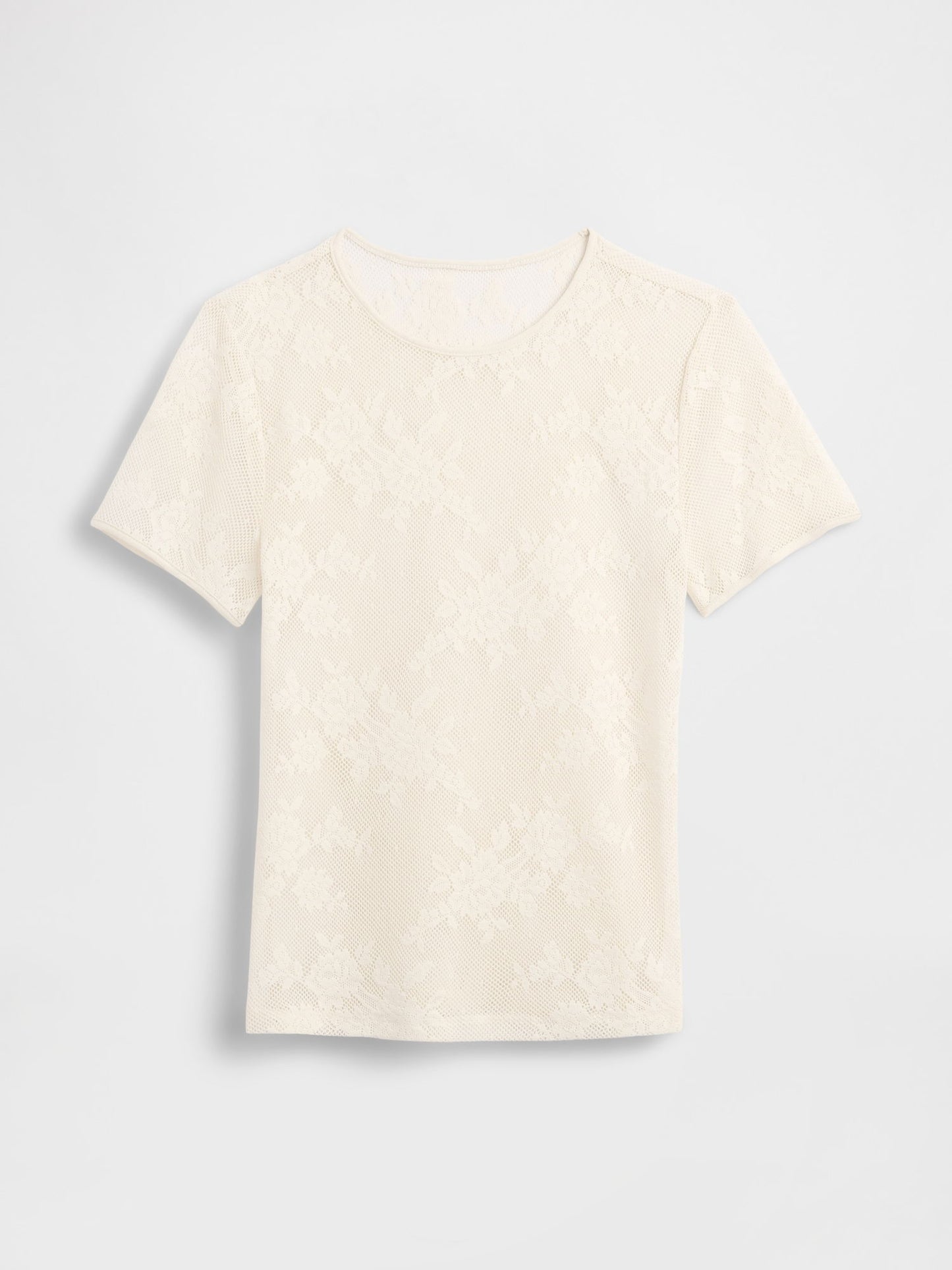 Krem Çiçek Desenli Dantel T-shirt