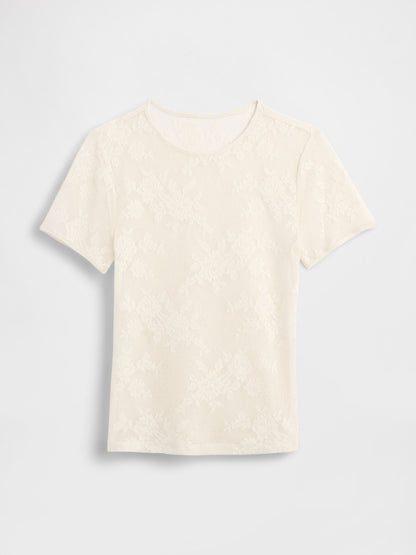 Krem Çiçek Desenli Dantel T-shirt