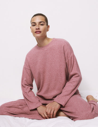 Fitilli Dokulu Bisiklet Yaka Uzun Kollu Pijama Üstü