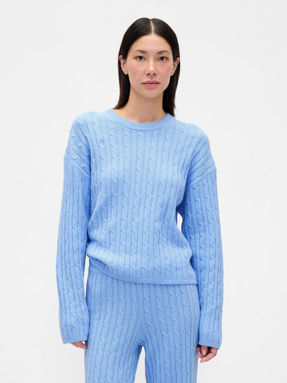 Açık Mavi Cashsoft Cable-knit Bisiklet Yaka Kazak