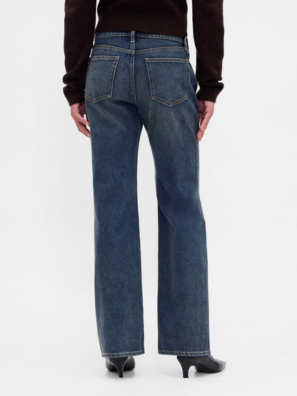 Koyu Mavi Mid Rise Rigid Relaxed Flare Jean Pantolon