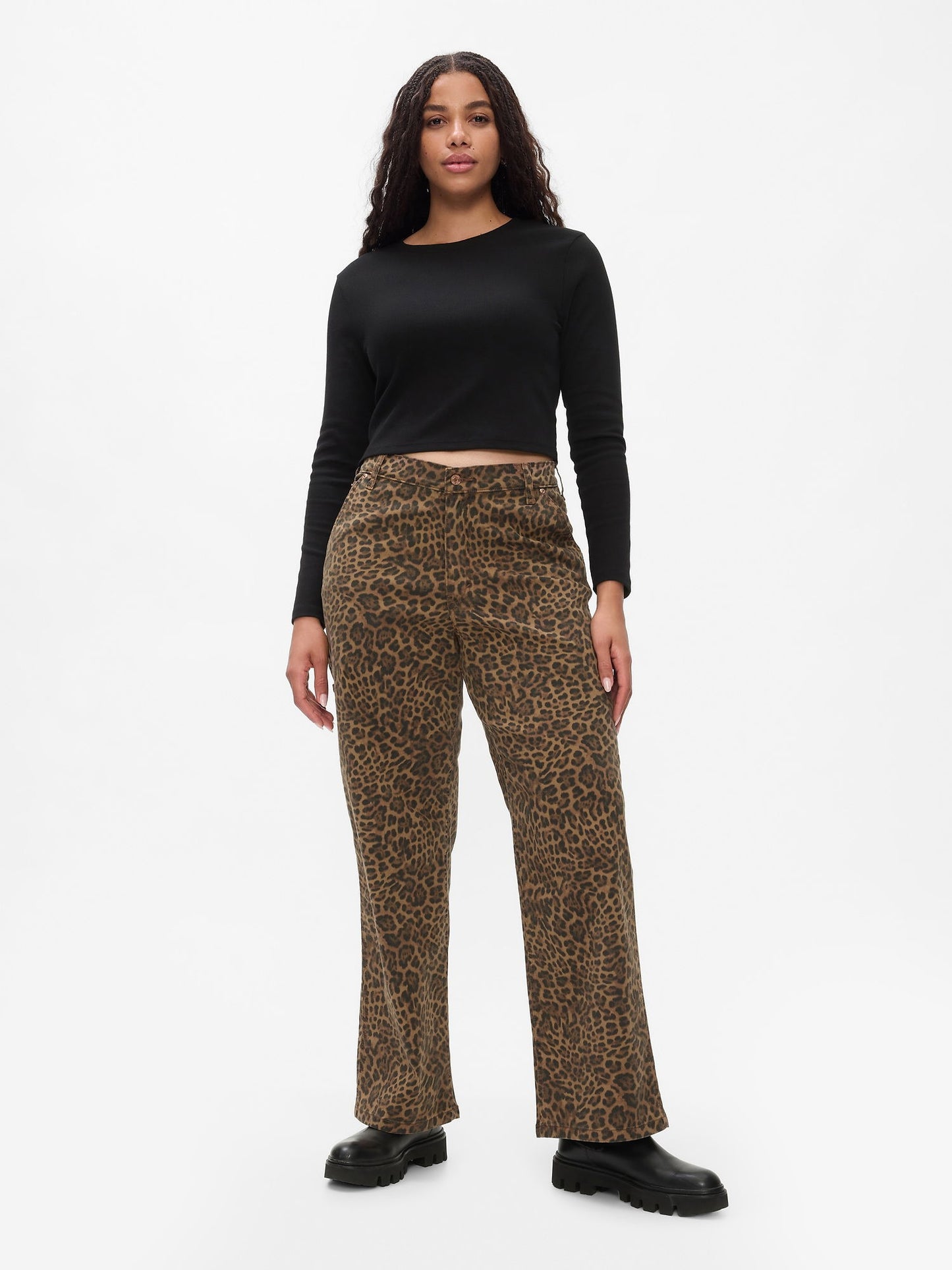 Kahverengi Mid Rise '90s Loose Leopar Desenli Kargo Jean Pantolon