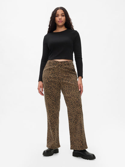 Kahverengi Mid Rise '90s Loose Leopar Desenli Kargo Jean Pantolon