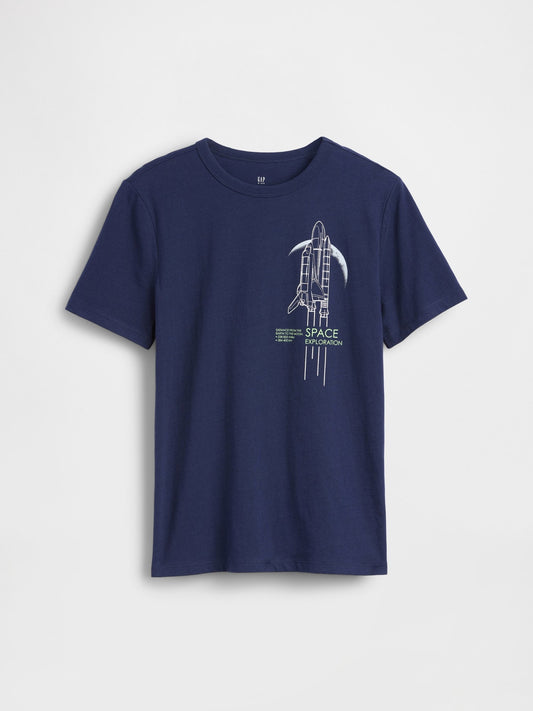 Koyu Mavi Grafik Baskılı T-shirt