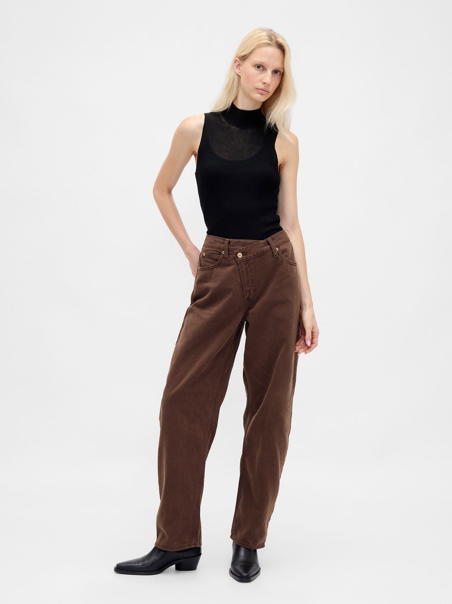 Kahverengi High Rise Ultrasoft Crossover Barrel Jean Pantolon