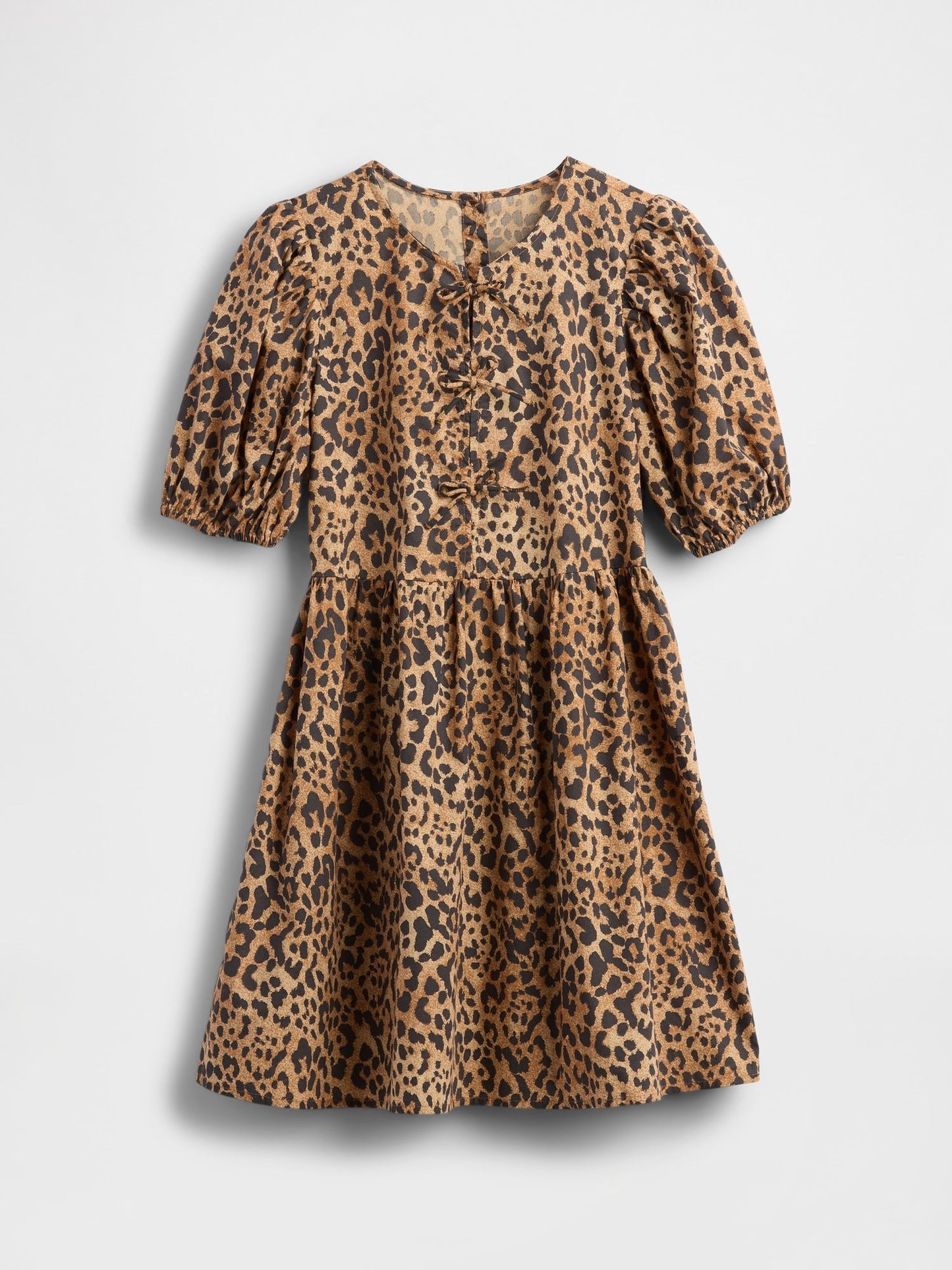 Kahverengi Poplin Puff-sleeve Leopar Desenli Elbise