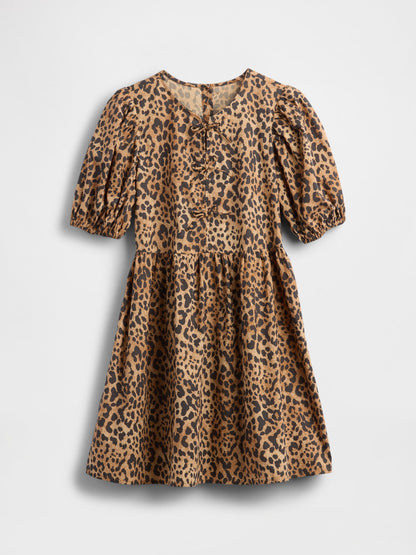 Kahverengi Poplin Puff-sleeve Leopar Desenli Elbise