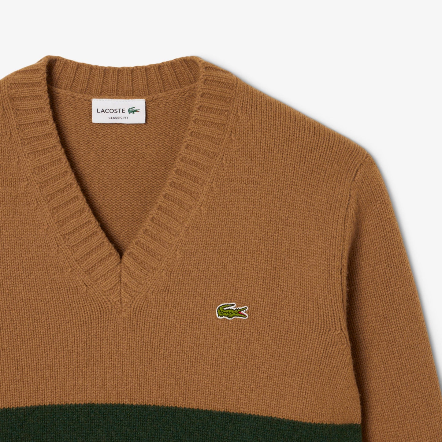 Lacoste Erkek Classic Fit V Yaka Çizgili Kahverengi Kazak