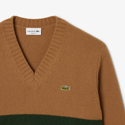 Lacoste Erkek Classic Fit V Yaka Çizgili Kahverengi Kazak