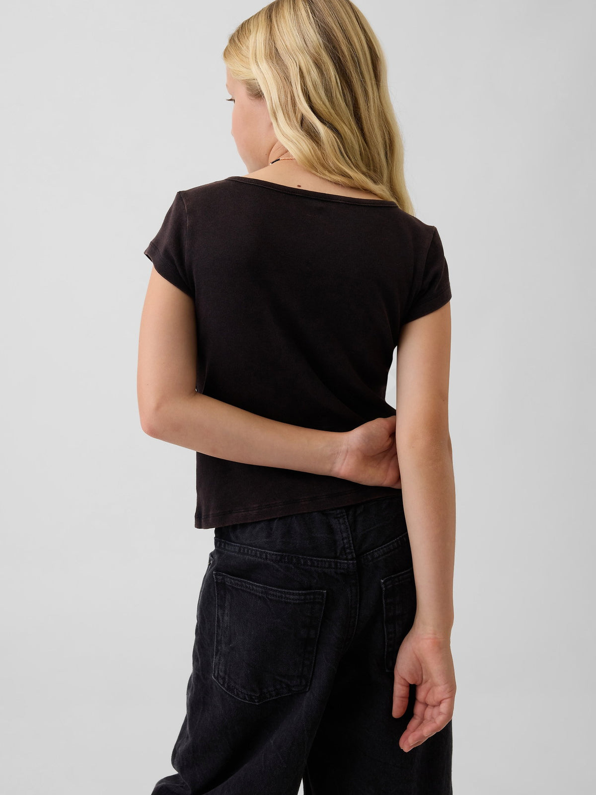 Siyah Cap-sleeve Fitted T-shirt
