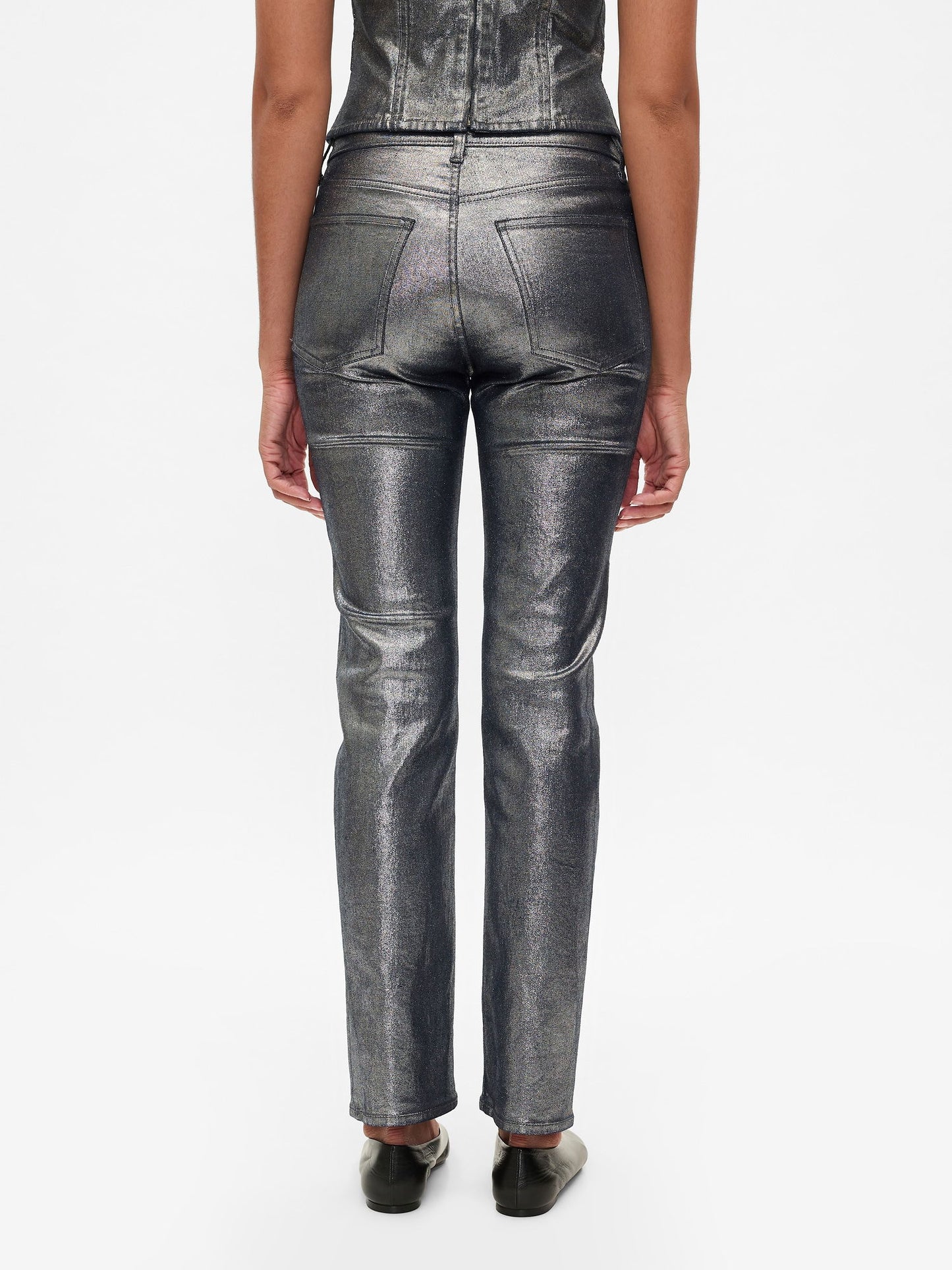 Gri High Rise Metalik '90s Straight Jean Pantolon