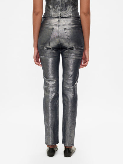 Gri High Rise Metalik '90s Straight Jean Pantolon