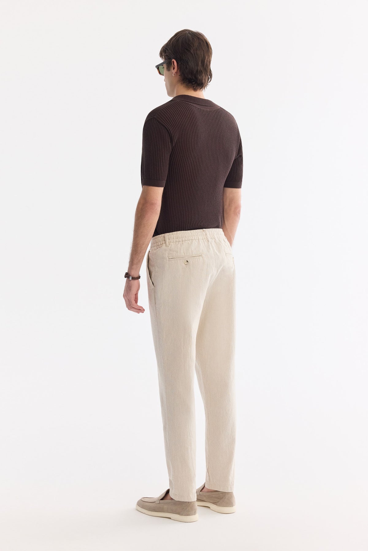 Bej Beli Bağcıklı Keten Karışımlı Chino Pantolon