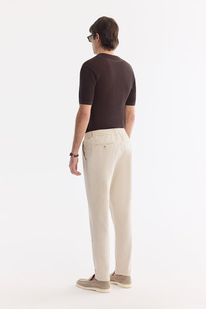 Bej Beli Bağcıklı Keten Karışımlı Chino Pantolon