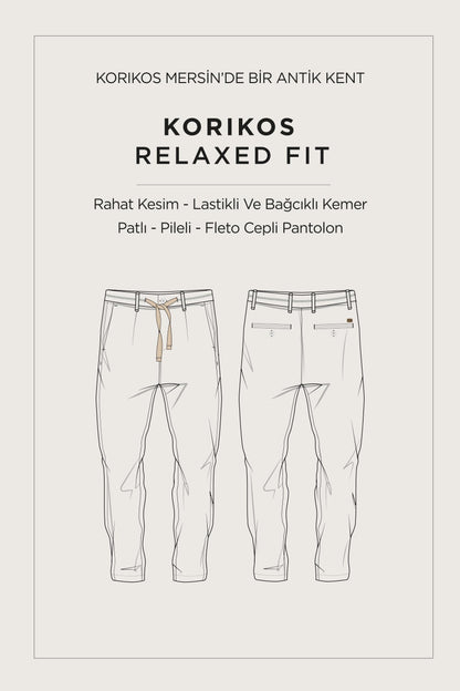 Bej Beli Bağcıklı Keten Karışımlı Chino Pantolon