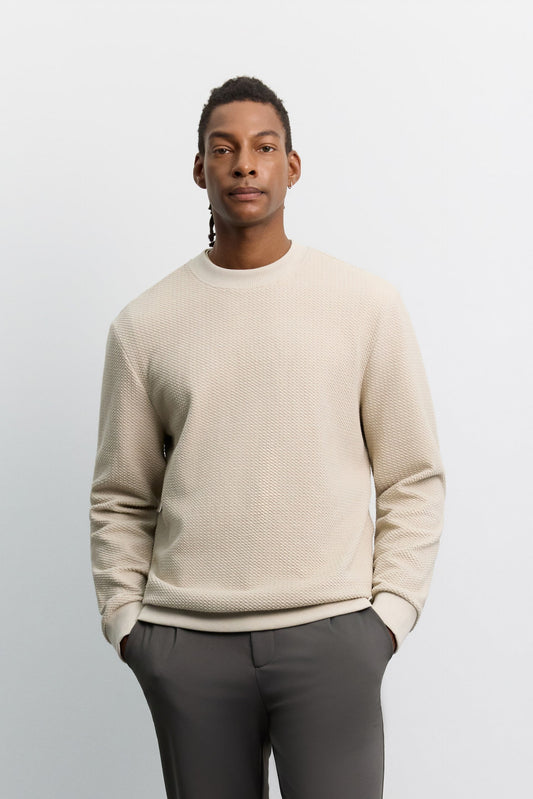 Bej Bisiklet Yaka Kolay Ütülenebilir Pamuklu Sweatshirt
