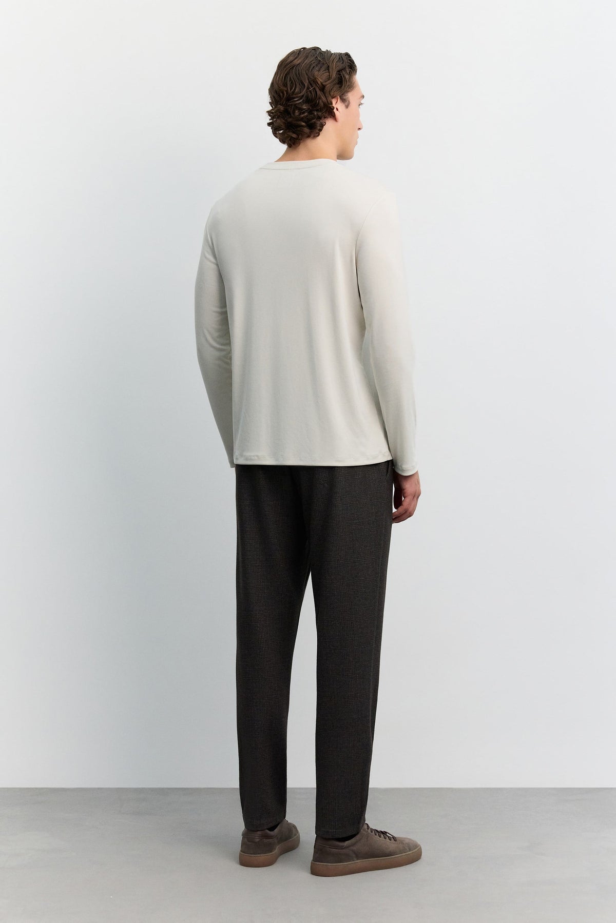 Bej Bisiklet Yaka Uzun Kol Basic Modal T-shirt