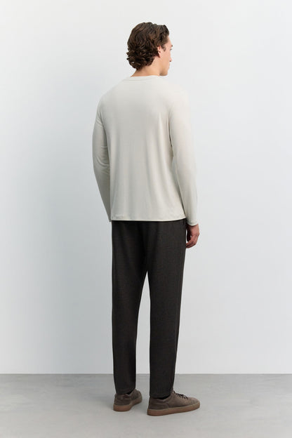 Bej Bisiklet Yaka Uzun Kol Basic Modal T-shirt