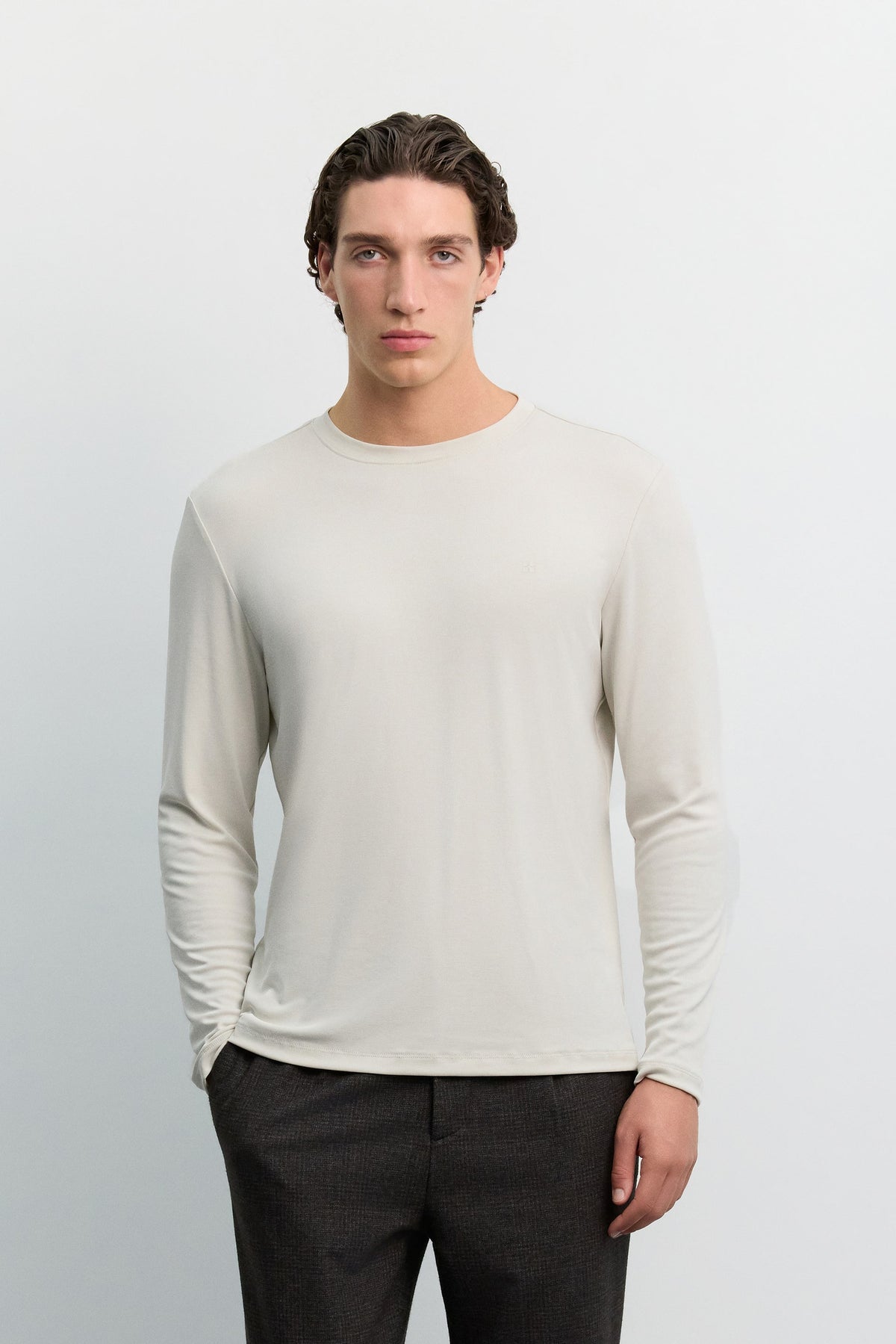 Bej Bisiklet Yaka Uzun Kol Basic Modal T-shirt