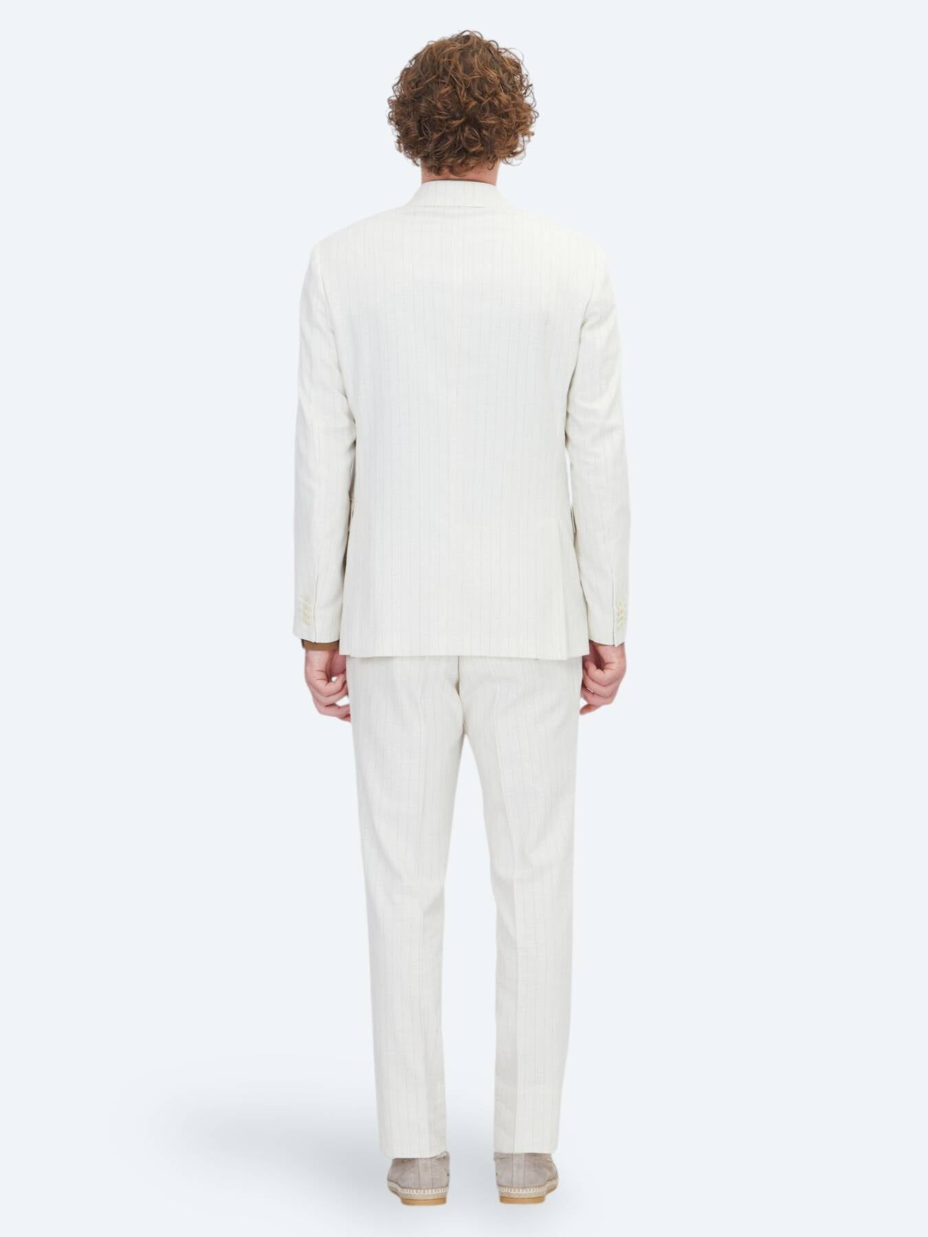 Bej Çizgili Modern Fit Pamuk Karışımlı Takım Elbise
