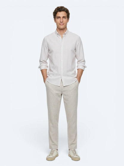 Bej Çizgili Regular Fit Uzun Dokuma Casual %100 Pamuk Gömlek