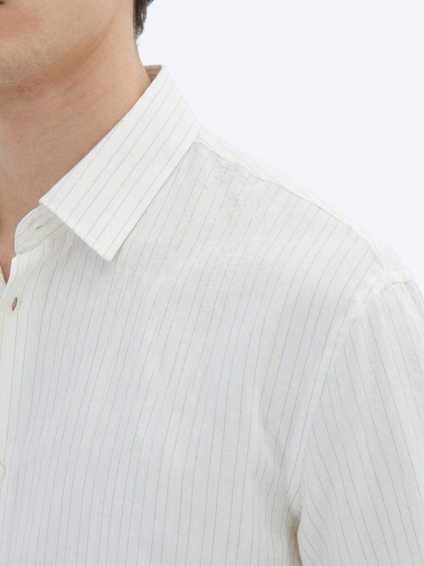 Bej Çizgili Regular Fit Uzun Dokuma Casual %100 Pamuk Gömlek