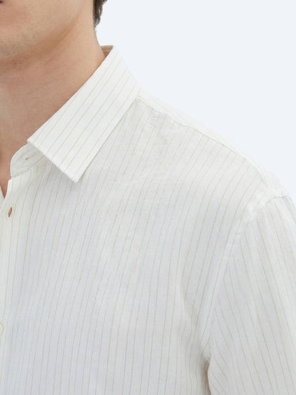Bej Çizgili Regular Fit Uzun Dokuma Casual %100 Pamuk Gömlek
