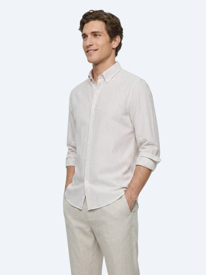 Bej Çizgili Regular Fit Uzun Dokuma Casual %100 Pamuk Gömlek