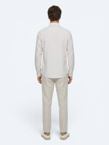 Bej Çizgili Regular Fit Uzun Dokuma Casual %100 Pamuk Gömlek