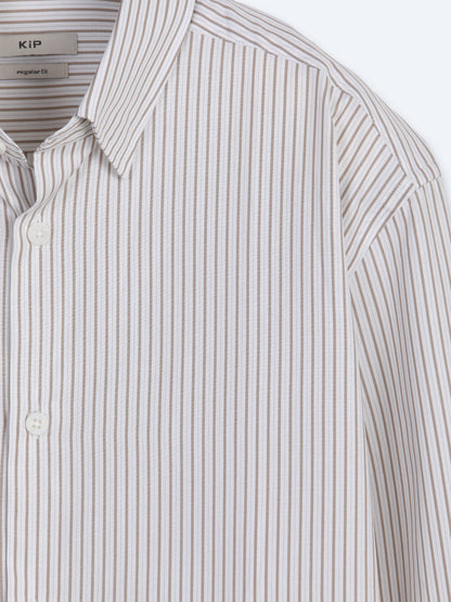 Bej Çizgili Regular Fit Uzun Dokuma Casual %100 Pamuk Gömlek