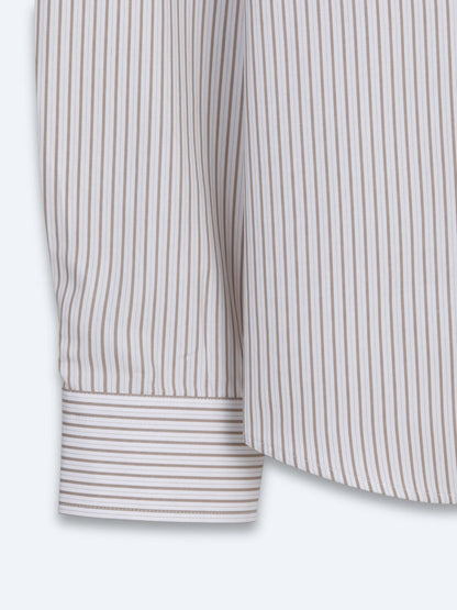 Bej Çizgili Regular Fit Uzun Dokuma Casual %100 Pamuk Gömlek