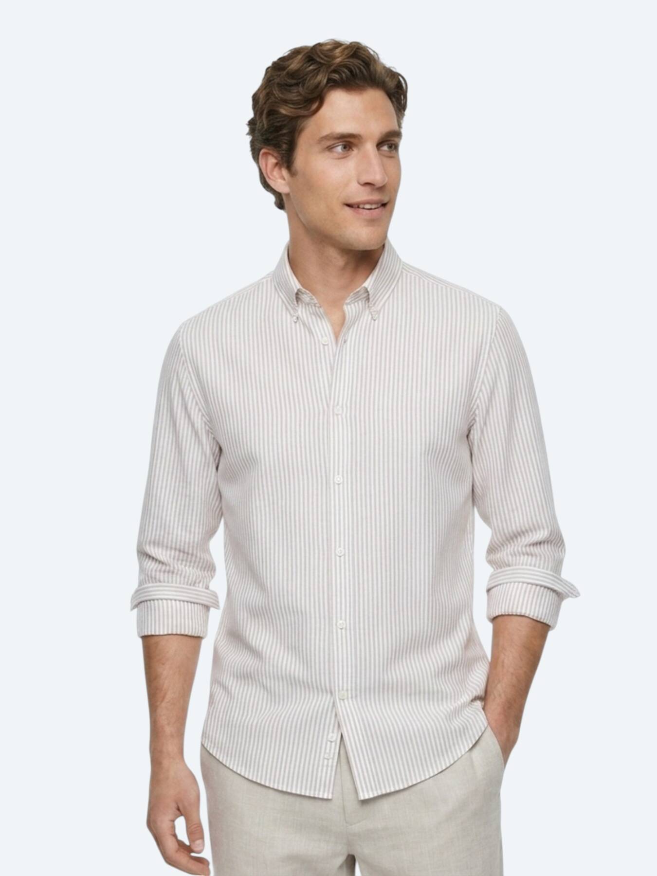 Bej Çizgili Regular Fit Uzun Dokuma Casual %100 Pamuk Gömlek